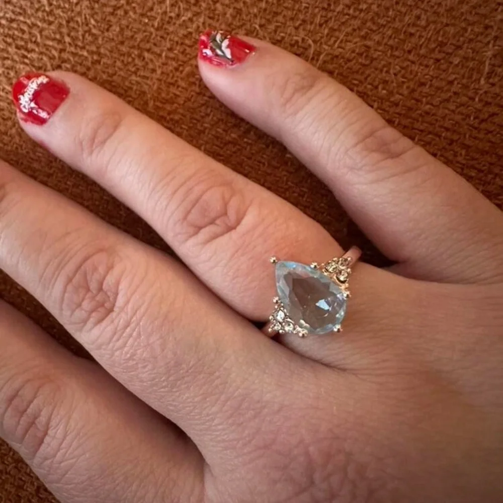 Elegant Rose Gold Plated and Blue Pear Gemstone Fairycore Ring - Picture 6 of 9